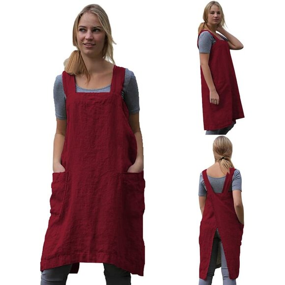 Cotton Linen Apron Cross Back Apron for Women with Big Pockets Square Pinafore D - Picture 2 of 7